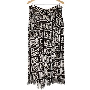 Golden Sea Maxi Skirt Black Ivory Elephant Novelty Print Button Front Fringe 1X